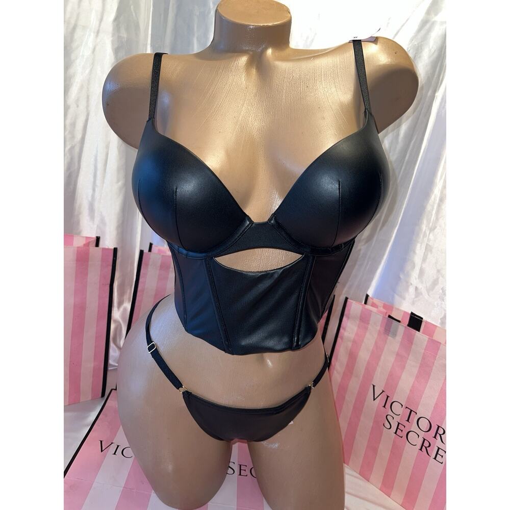 Victorias Secret Bombshell Bra Top Faux Leather 32C Small Black Last One